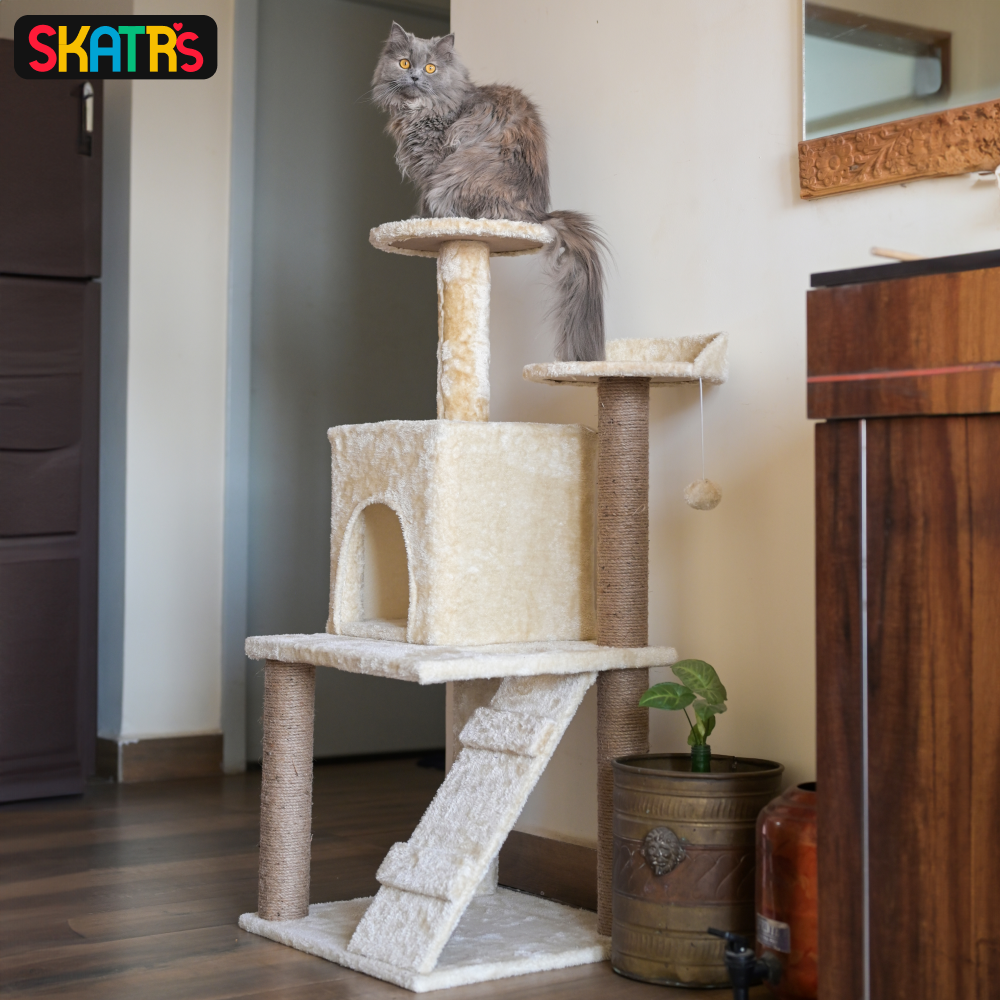 Skatrs Kitty Kastle Multi Level Cat Tree with Condo, Scratching Post, Platform and Ladder Toy and Satisfying Wave Cat Scratcher with 2g Premium Catnip Combo