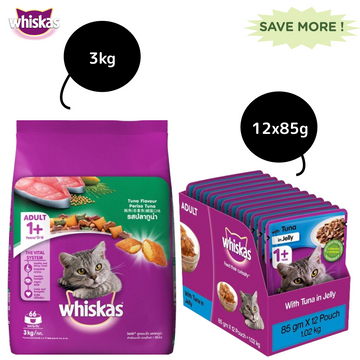 Whiskas Tuna and Tuna in Jelly Meal Adult Cat Dry and Wet Food Combo