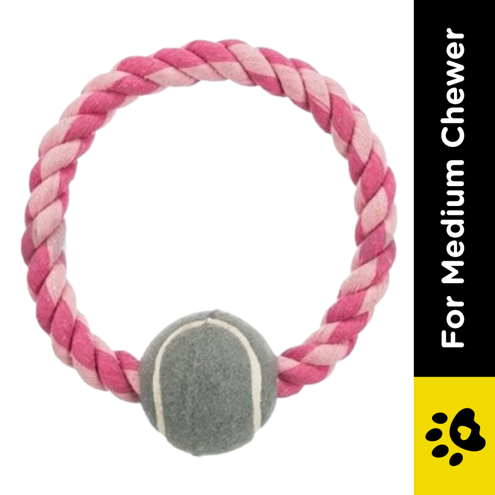 Trixie Rope Ring with Tennis Ball Toy for Dogs (Pink) | For Medium Chewers