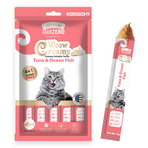 Signature Grain Zero Ocean Fish, Sardine and Mackerel Long Coat & Persian Cat Dry Food and  Grain Zero Tuna and Ocean Fish Lickable Creamy Cat Treats
