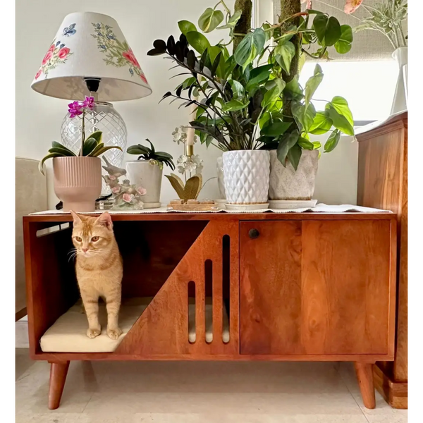 FurryLiving Benji Cabinet with Cushion for Small Dogs and Cats (Honey/Cream Cushion)