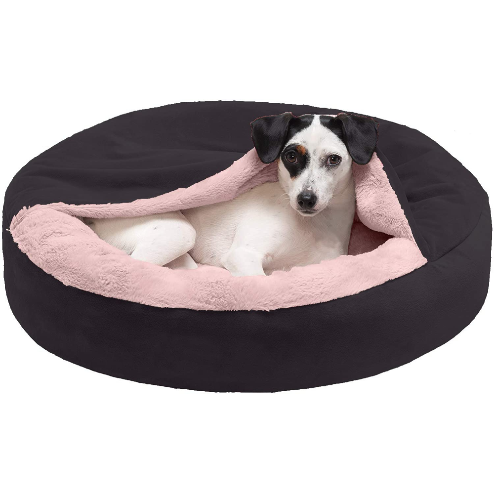 Fluffy Petslover Calming Anti Anxiety Hooded Fabric Bed with Attached Blanket for Dogs and Cats (Black) Both-Bedding, Mats & Travel Supplies Fluffy's L