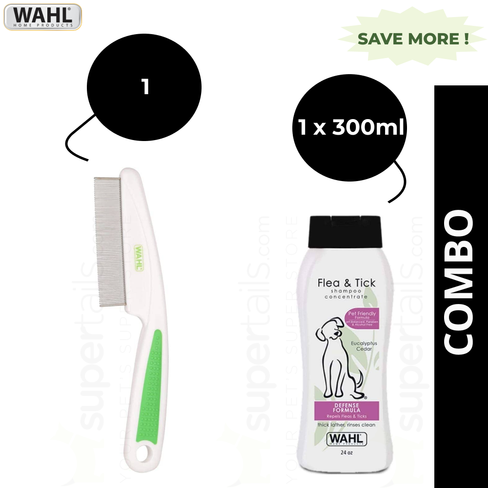 Wahl Flea Comb and Flea & Tick Eucalyptus Cedar Shampoo for Dogs Combo