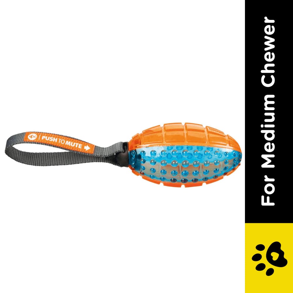 Trixie Push To Mute Rubber Rugby Ball on Rope Toy for Dogs (Orange/Blue)