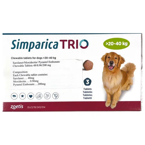 Zoetis Simparica Trio 20-40kg Tick & Flea Control Tablets, Drools Optimum Performance Adult Dry Food, Drools Absolute Calcium Bones Treats Dog Combo