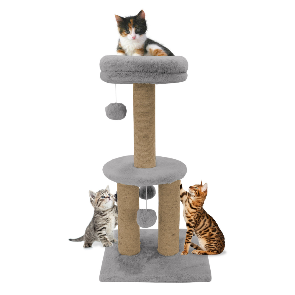 Hiputee Soft Fur Activity Scratching Post with Natural Sisal Rope Two Floor Tower with Three Hanging Balls Tree for Cats