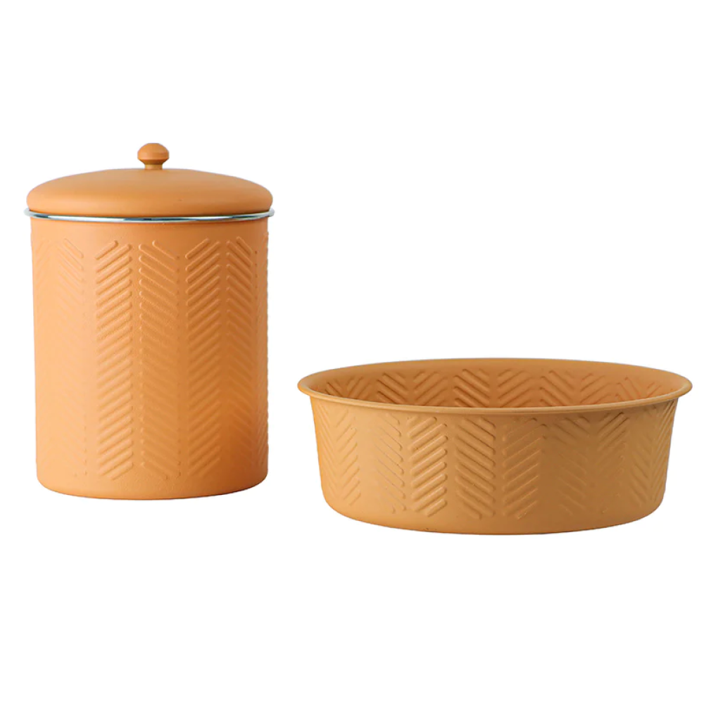 Pawpourri Chevron Emboss Treat Jar and Bowl Set for Dogs and Cats (Peach)