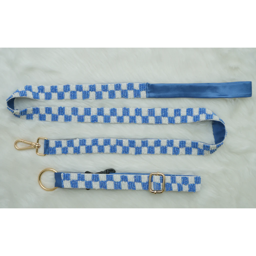 Floof & Co Checkered Leash & Collar (Blue & White) Dogs-Collar, Leashes, harnesses Floof & Co Dropship