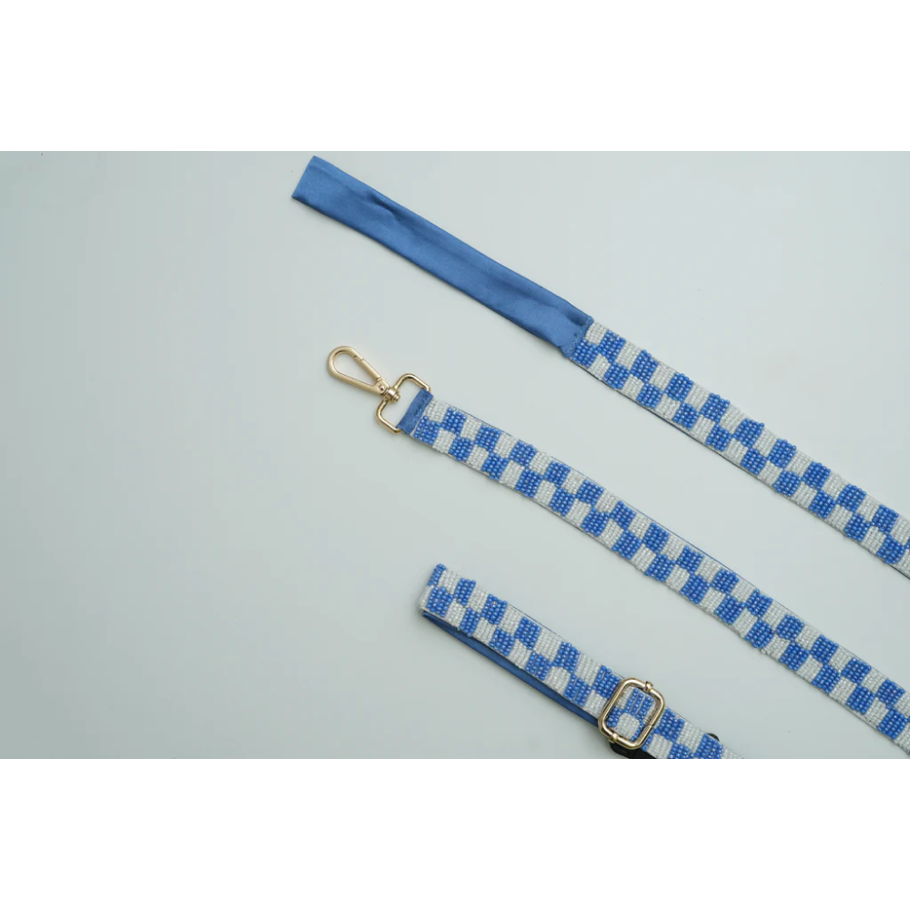 Floof & Co Checkered Leash & Collar (Blue & White) Dogs-Collar, Leashes, harnesses Floof & Co Dropship