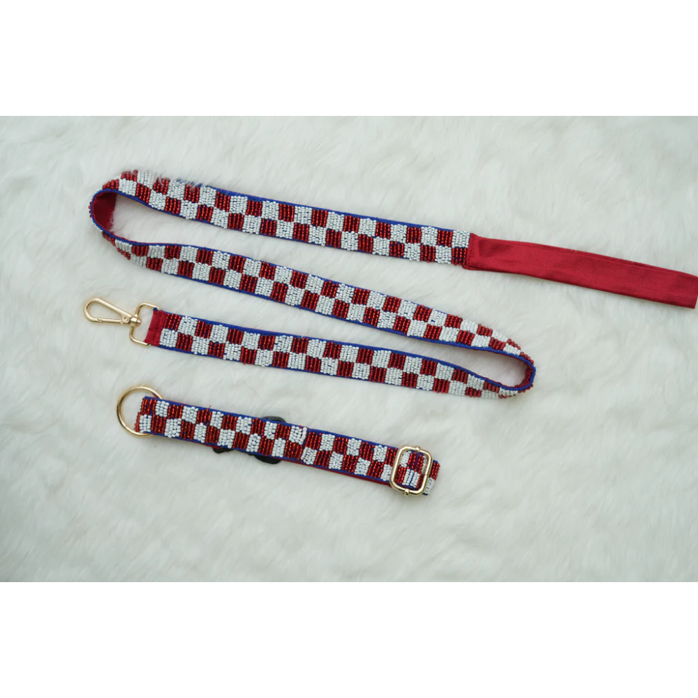 Floof & Co Checkered Leash & Collar (Maroon & White) Dogs-Collar, Leashes, harnesses Floof & Co Dropship