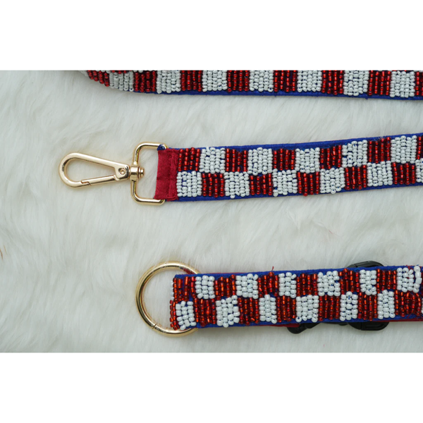 Floof & Co Checkered Leash & Collar (Maroon & White)