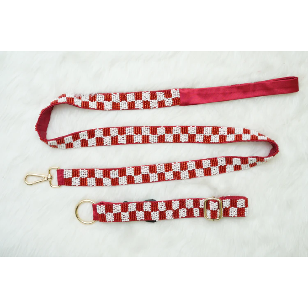 Floof & Co Checkered Leash & Collar (Red & White) Dogs-Collar, Leashes, harnesses Floof & Co Dropship S