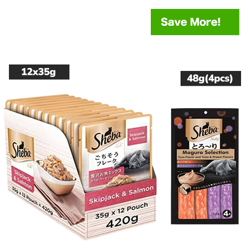Sheba Tuna Flavor and Tuna & Prawn Maguro Selection Melty Premium Treat and Skipjack & Salmon Fish Mix Cat Wet Food Combo Cats-Treats & Others Sheba 48g(4pcs)+12x35g