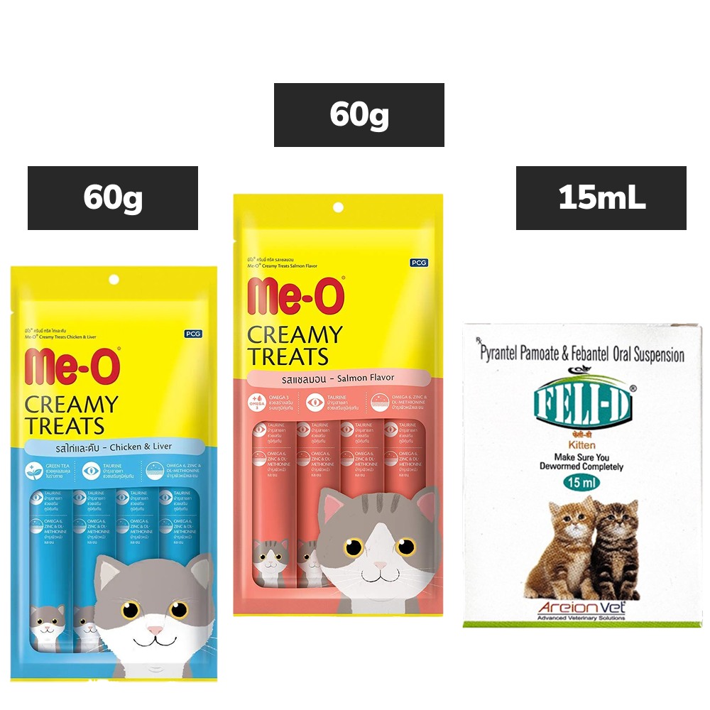 Me O Creamy Chicken Liver and Salmon Cat Treats with Areion Vet Feli D Kitten Deworming Suspension Combo Exclusive Combo Exclusive Combo 60g(4pcs)+60g(4pcs)+15mL
