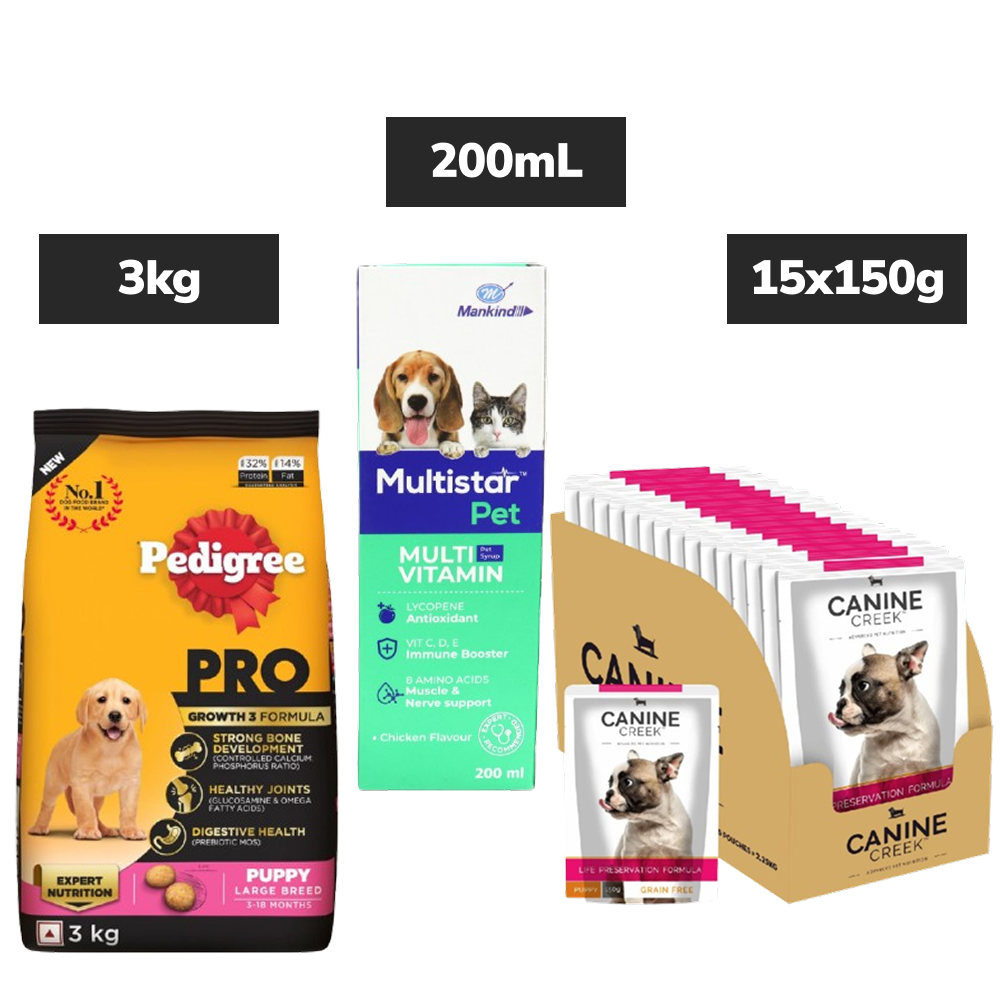Canine Creek Real Chicken Gravy Puppy Wet, Pedigree PRO Expert Nutrition for Large Breed Puppy Dry Food and Mankind Multistar Pet Syrup Multivitamin Dog Supplements Combo