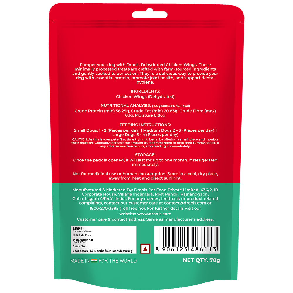 Drools Dehydrated Real Chicken Wing Chews Treat for Dogs Dog Treats + Others Drools