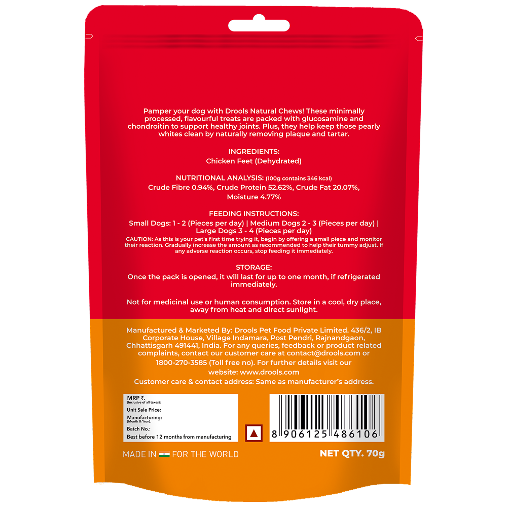 Drools Dehydrated Real Chicken Feet Chews Treat for Dogs Dog Treats + Others Drools