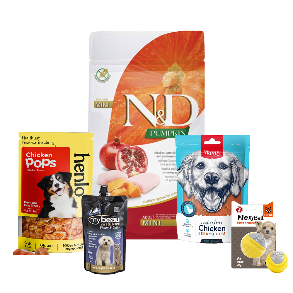 Henlo & Wanpy Dog Treats, My Beau Supplement, Farmina Dry Food & Barkbutler Flexy Ball Toy Limited Dog Hamper Exclusive Combo Exclusive Combo Pack of 5