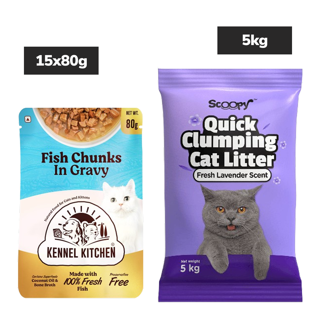 Kennel Kitchen Fish Gravy All Life Stage Wet Food, Scoopy Lavender Natural Brown Sand Cat Litter Combo Exclusive Combo Exclusive Combo 15x80g+5kg