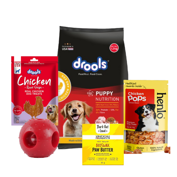 Henlo & Drools Treats, Bark Out Loud Paw Butter, Drools Puppy Food & Teething Toy Limited Puppy Hamper