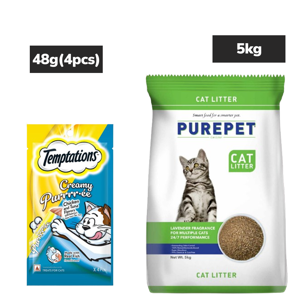 Temptations Creamy Chicken Tuna Treats, Purepet Lavender Scented Clumping Cats Litter Combo Exclusive Combo Exclusive Combo 48g(4pcs)+5kg