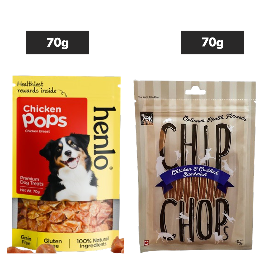 Henlo Chicken Pops High Protein Treats, Chip Chops Chicken Codfish Sandwich Dogs Treat Combo