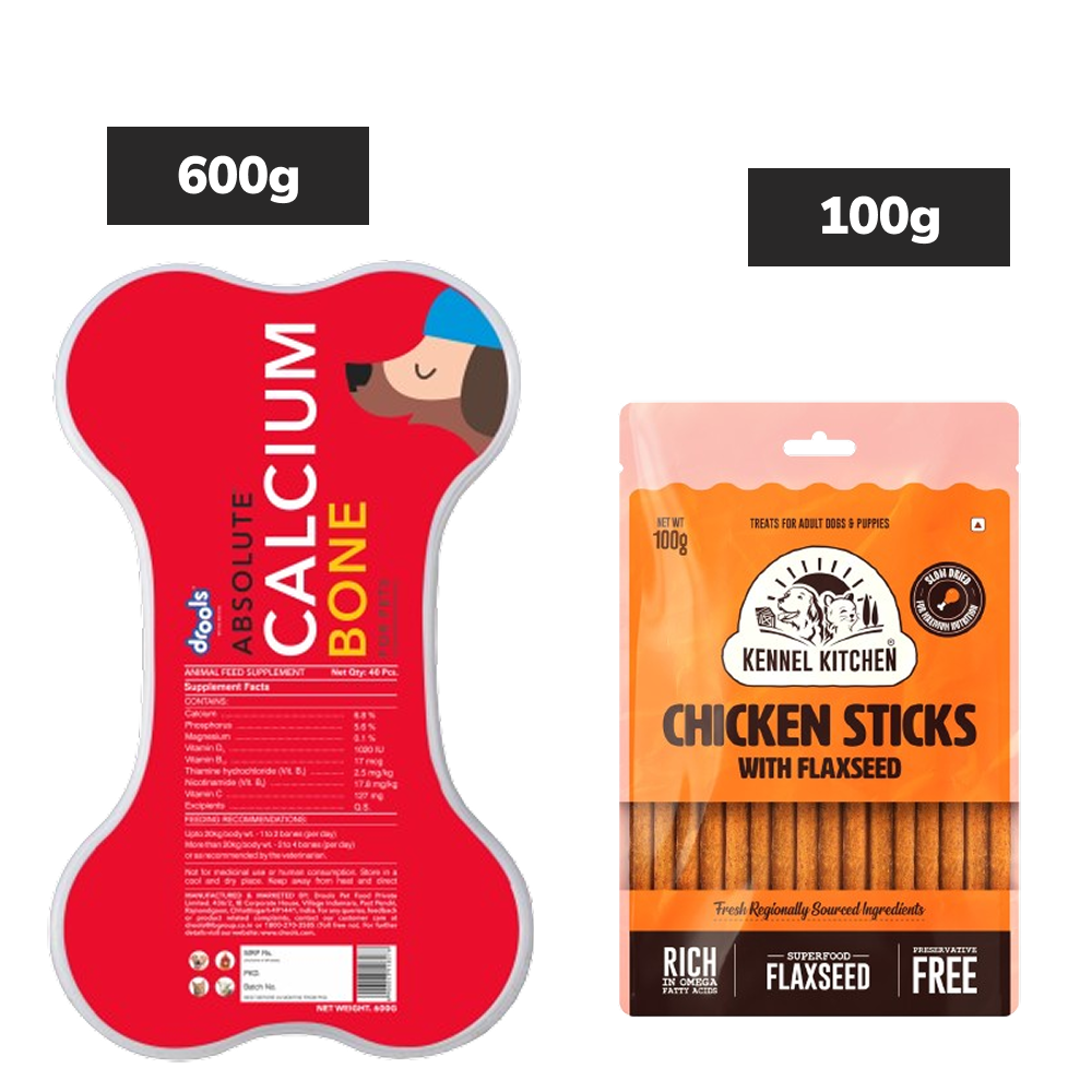 Drools Absolute Calcium Bones (Jar), Kennel Kitchen Chicken Flaxseed Stick Dogs Treat Combo Exclusive Combo Exclusive Combo 600g(40pcs)+100g