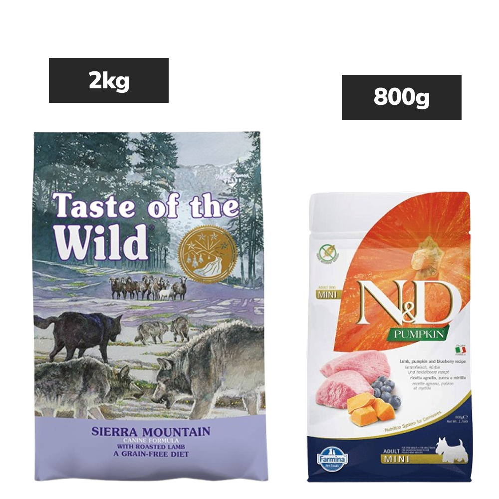 Taste of the Wild Sierra Mountain Roasted Lamb Dry Food, Farmina ND Pumpkin Lamb Blueberry Mini Adult Dog Dry Food Combo Exclusive Combo Exclusive Combo 2kg+800g