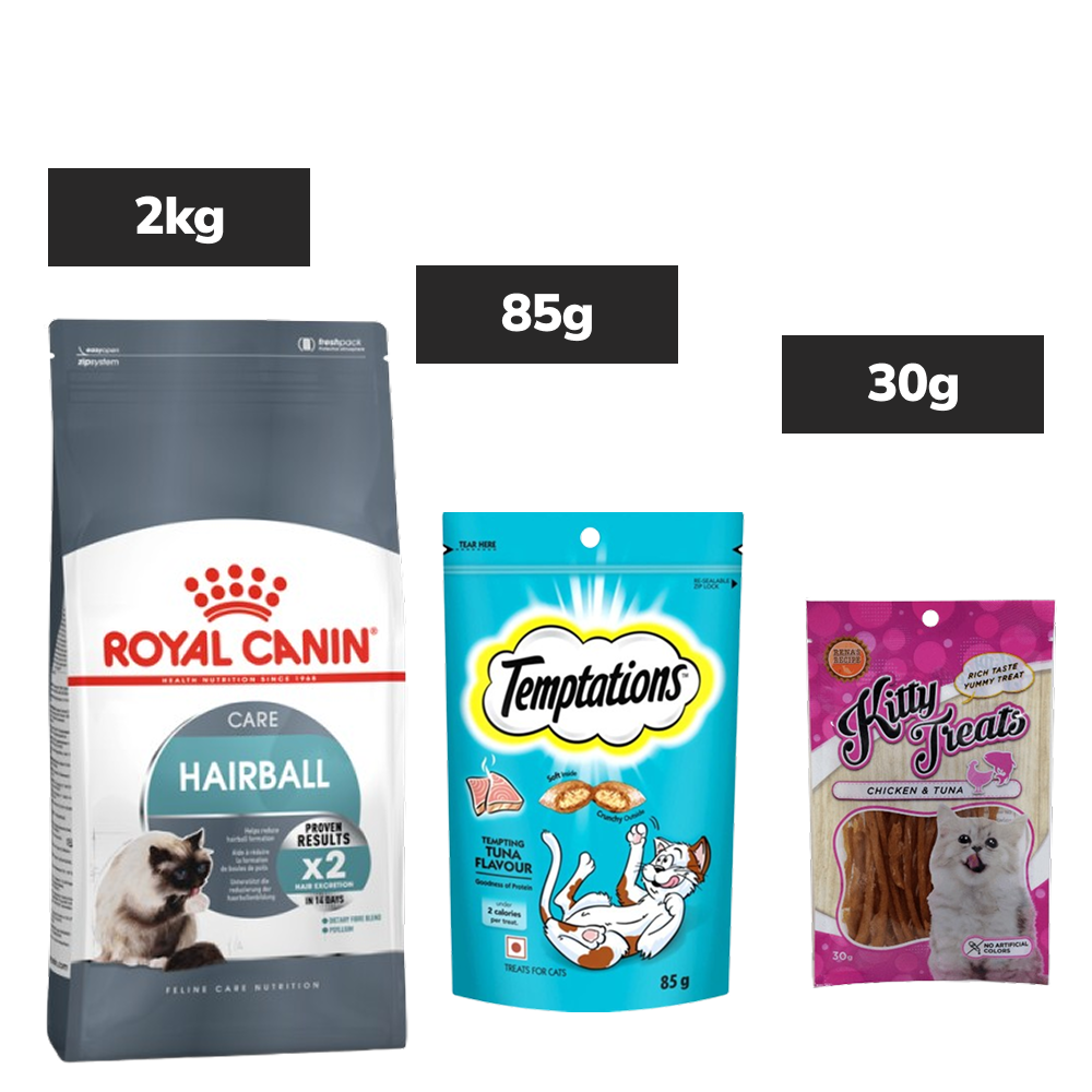 Royal Canin Hairball Care Adult Nutrition, Temptations Tempting Tuna Flavor Delight, Kitty Treats Soft Chicken Tuna Indulgence Cats Combo Exclusive Combo Exclusive Combo 2kg+85g+30g