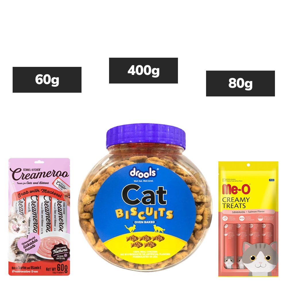 Drools Biscuit Treat, Kennel Kitchen Creameroo Crab Mackerel Treat, Me O Creamy Salmon Treats Cats Combo Exclusive Combo Exclusive Combo 400g+60g+60g