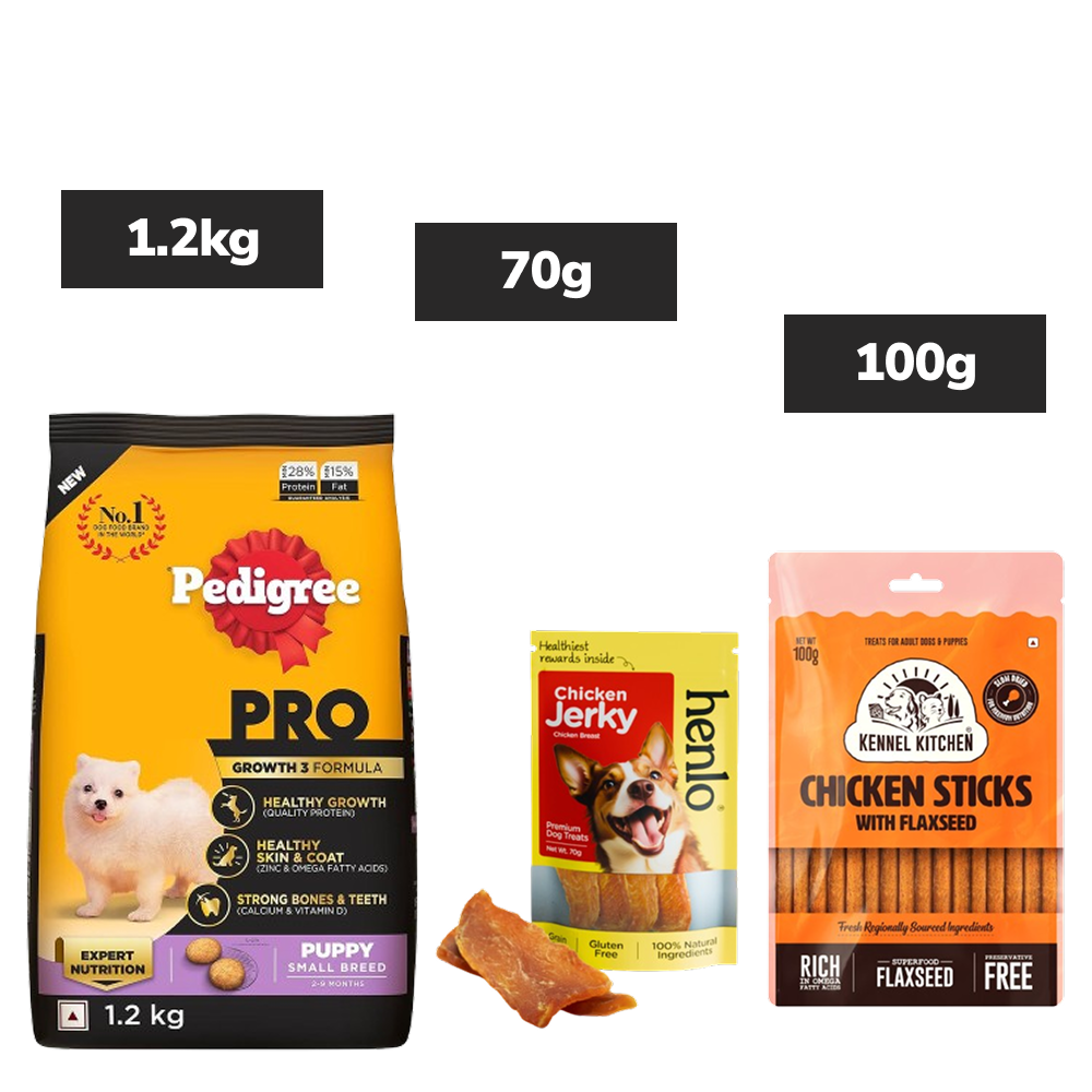 Pedigree PRO Small Breed Puppy Dry Food, Henlo Chicken Jerky Treat, Kennel Kitchen Chicken Flaxseed Stick Dogs Combo