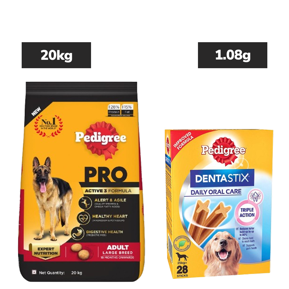 Pedigree PRO Active Adult Large Breed Dry Food, Pedigree Dentastix Oral Care Adult Dogs Treat Combo