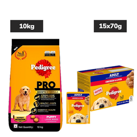 Pedigree PRO Large Breed Puppy Dry Food, Pedigree Chicken Liver Gravy Adult Dog Wet Food Combo Exclusive Combo Exclusive Combo 10kg+15x70g