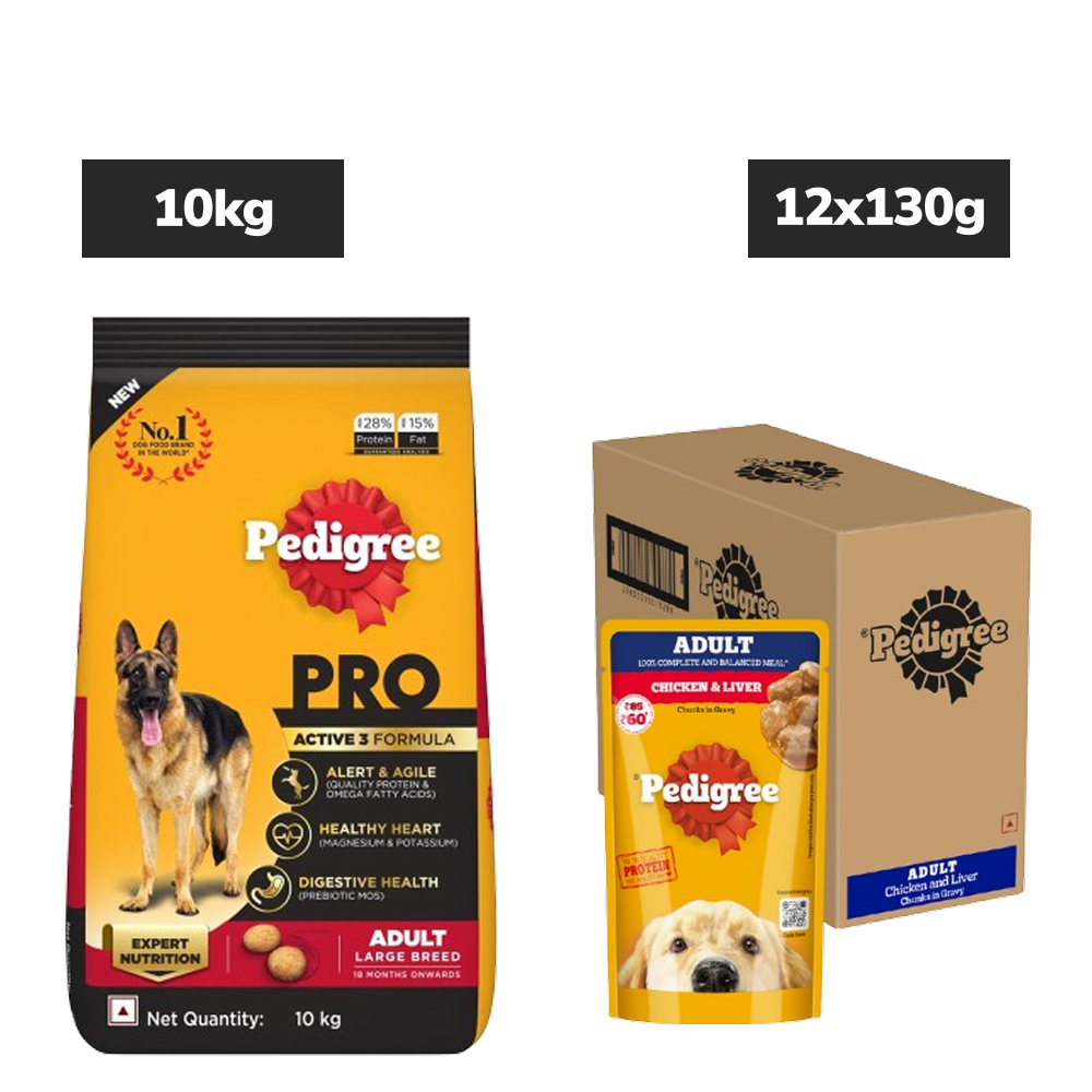 Pedigree PRO Active Adult Large Breed Dry Food, Pedigree Chicken Liver Gravy Adult Dog Wet Food Combo