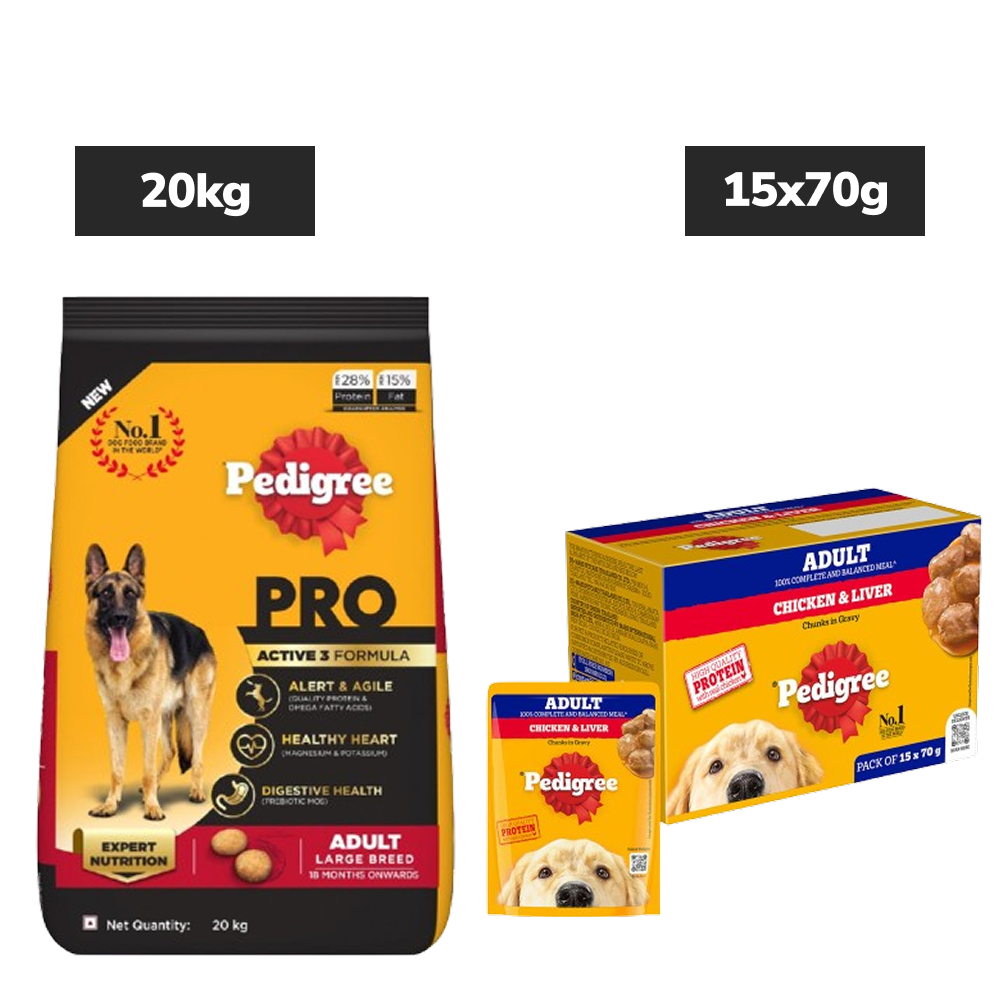 Pedigree PRO Active Adult Large Breed Dry Food, Pedigree Chicken Liver Gravy Dogs Wet Food Combo