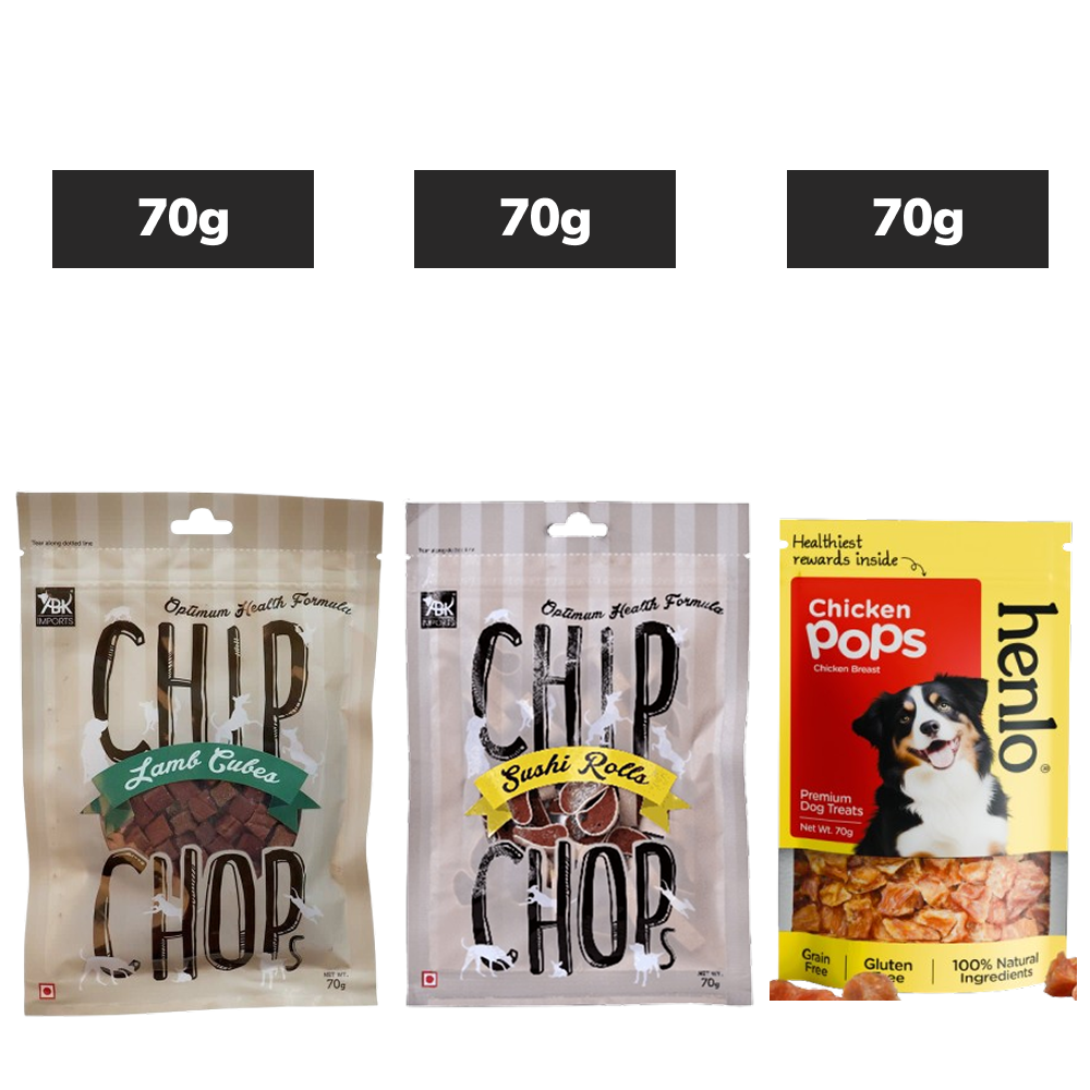 Chip Chops Lamb Cubes, Chip Chops Sushi Rolls, Henlo Chicken Pops High Protein Treats Dogs Combo Exclusive Combo Exclusive Combo 70g+70g+70g