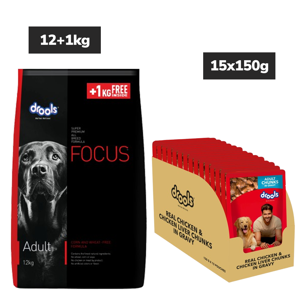 Drools Focus Super Premium Dry Food and Chicken & Liver Chunks in Gravy Adult Dog Wet Food Combo Exclusive Combo Exclusive Combo 12kg+1kg(Free)+15x150g
