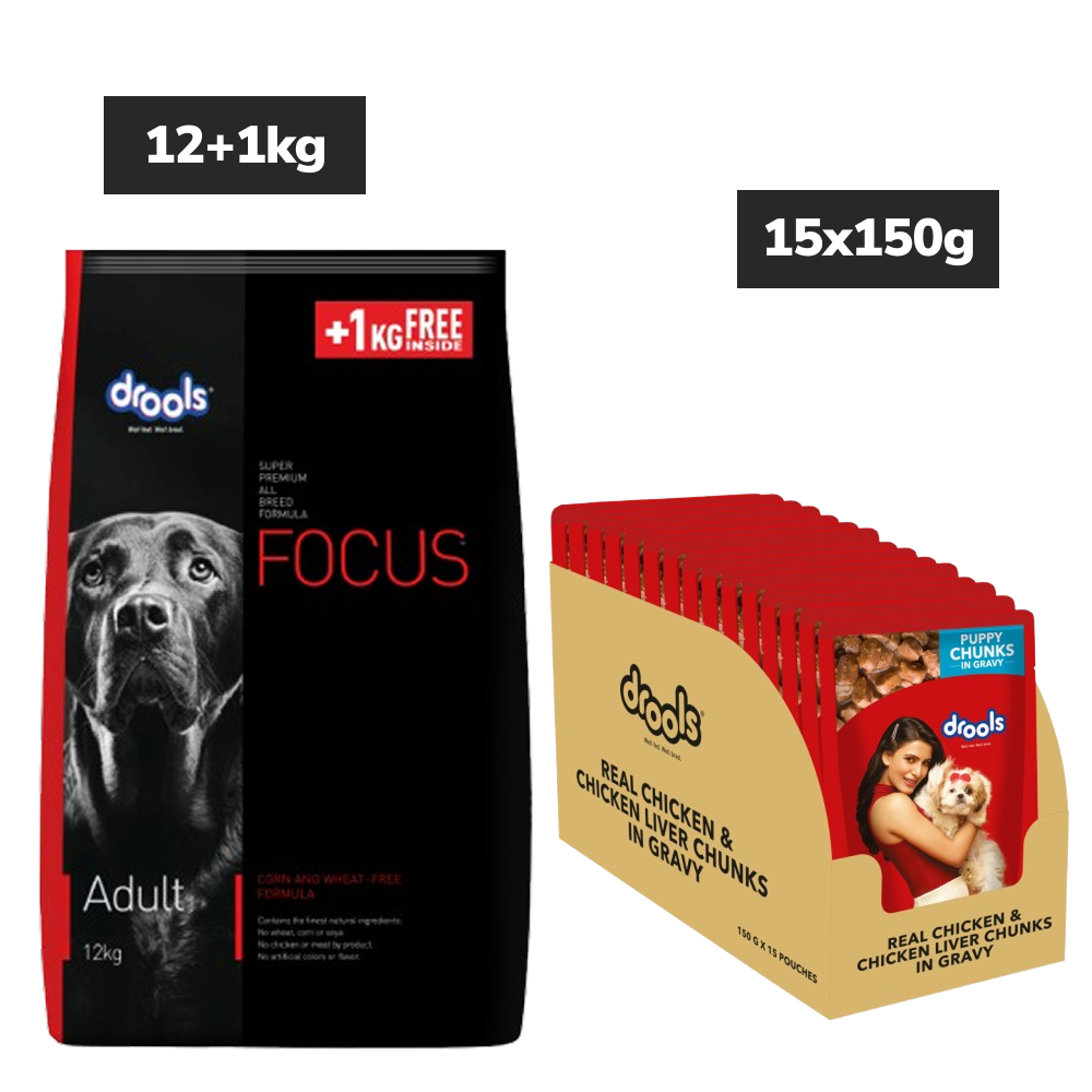 Drools Focus Super Premium Dry Food and Chicken & Chicken Liver Chunks in Gravy Puppy Dog Wet Food Combo Dogs- Dry Food Drools Focus 12kg+1kg(Free)+15x150g