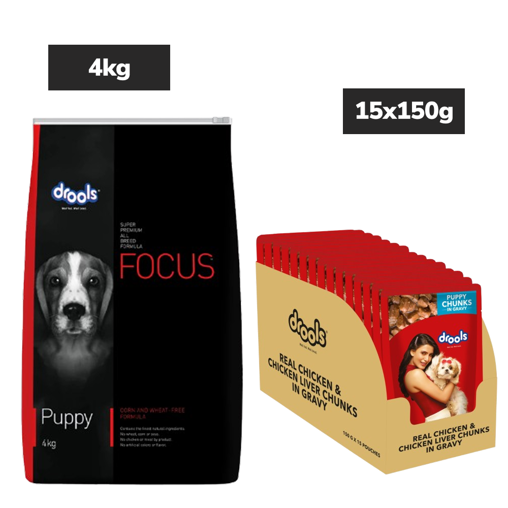 Drools Focus Super Premium Dry Food and Chicken & Chicken Liver Chunks in Gravy Puppy Dog Wet Food Combo Dogs- Dry Food Drools Focus 4kg+15x150g