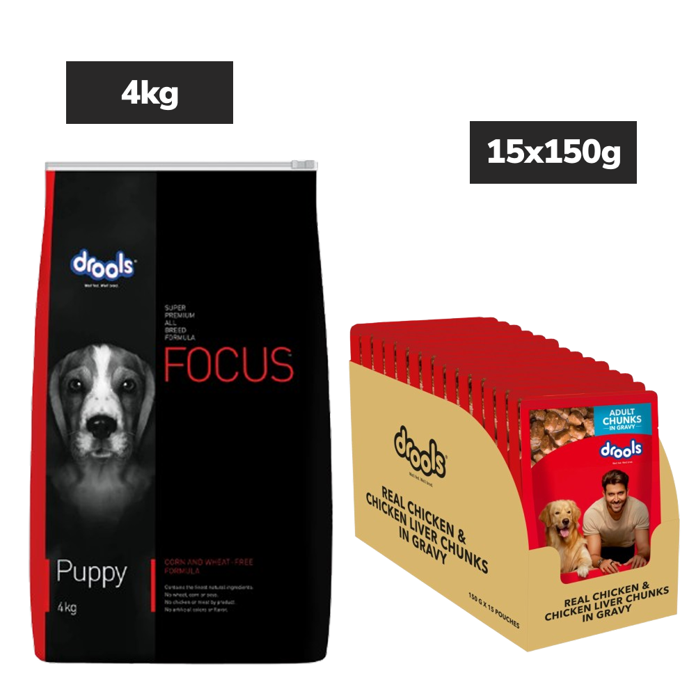 Drools Focus Super Premium Dry Food and Chicken & Liver Chunks in Gravy Adult Dog Wet Food Combo Exclusive Combo Exclusive Combo 4kg+15x150g