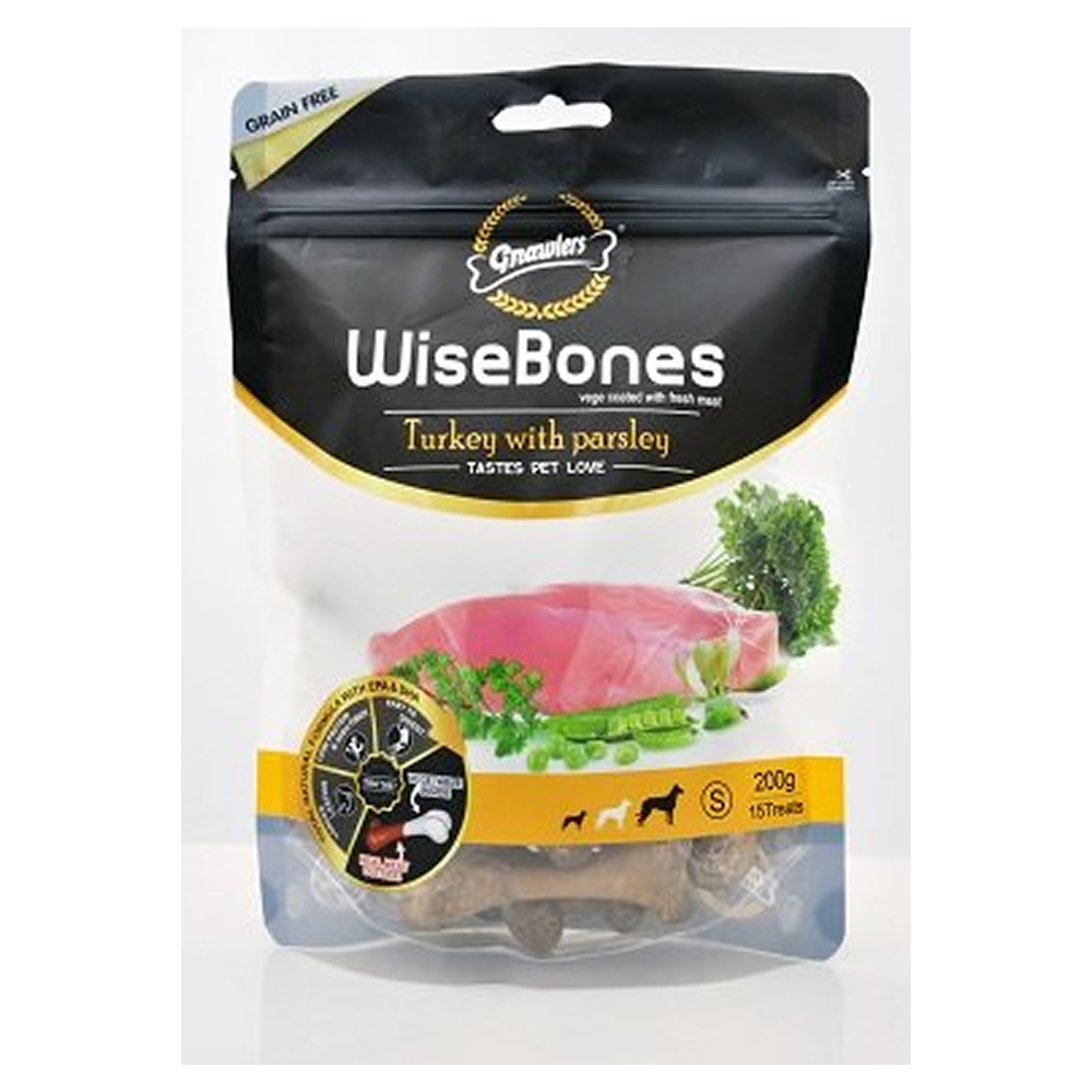Gnawlers WiseBones Turkey with Parsley Dog Treats (200g) Dog Treats + Others Gnawlers Small