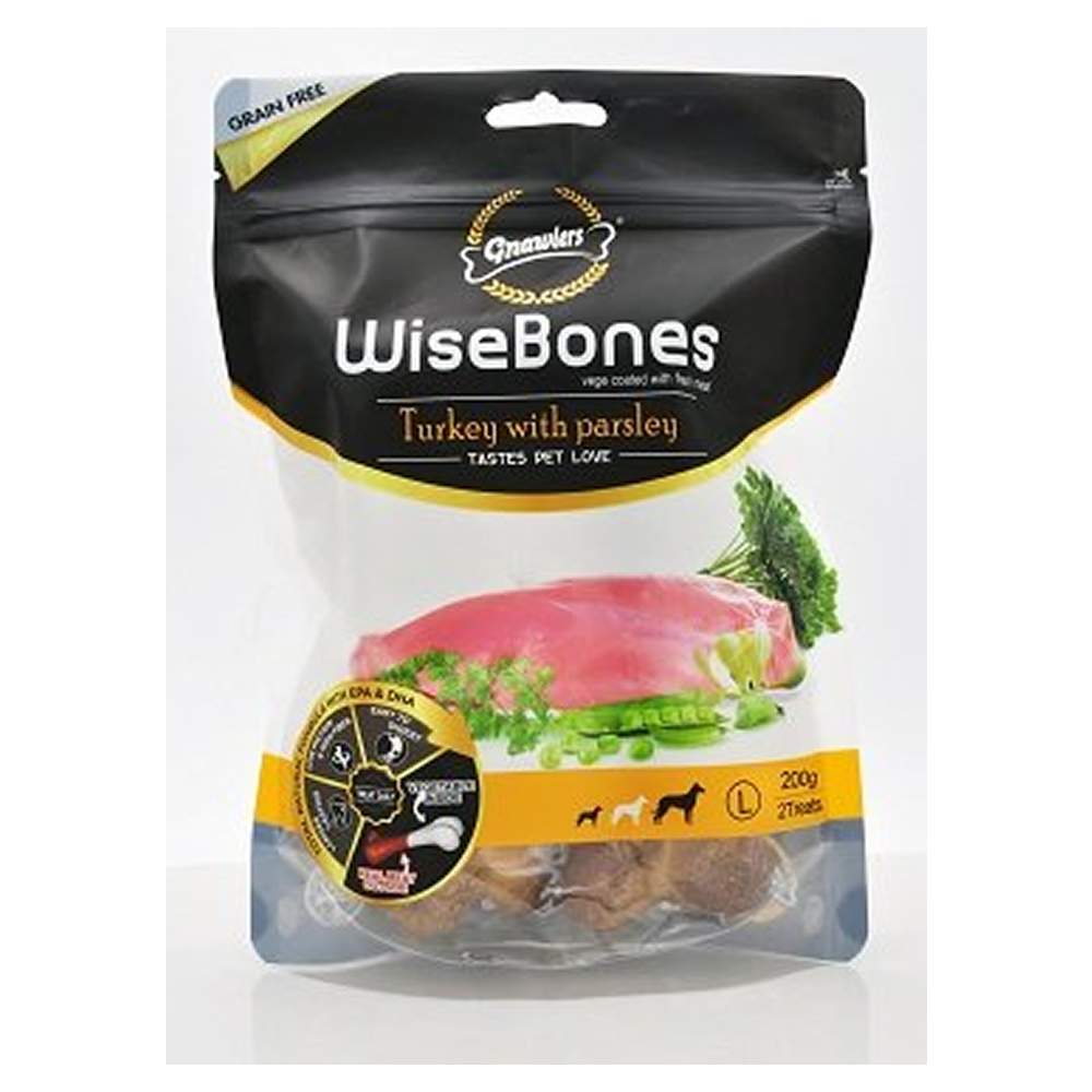 Gnawlers WiseBones Turkey with Parsley Dog Treats (200g) Dog Treats + Others Gnawlers Large