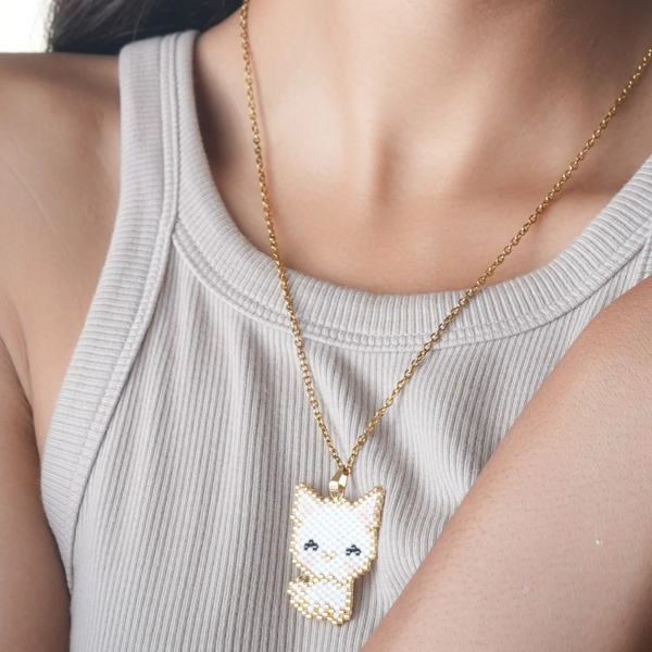 Jenni & Janki Cat Handcrafted Miyuki Delica Beaded Necklace (White)