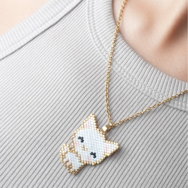 Jenni & Janki Cat Handcrafted Miyuki Delica Beaded Necklace (White)