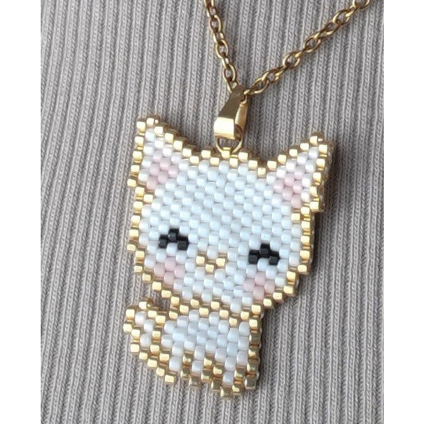 Jenni & Janki Cat Handcrafted Miyuki Delica Beaded Necklace (White)