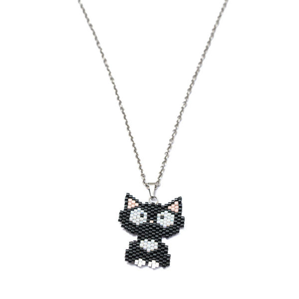 Jenni & Janki Cat Handcrafted Miyuki Delica Beaded Necklace (Black)
