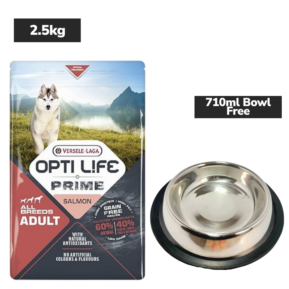 Versele Laga Opti Life Prime Salmon Adult Dog Dry Food Dogs- Dry Food Versele Laga 2.5kg+710mL Bowl Free