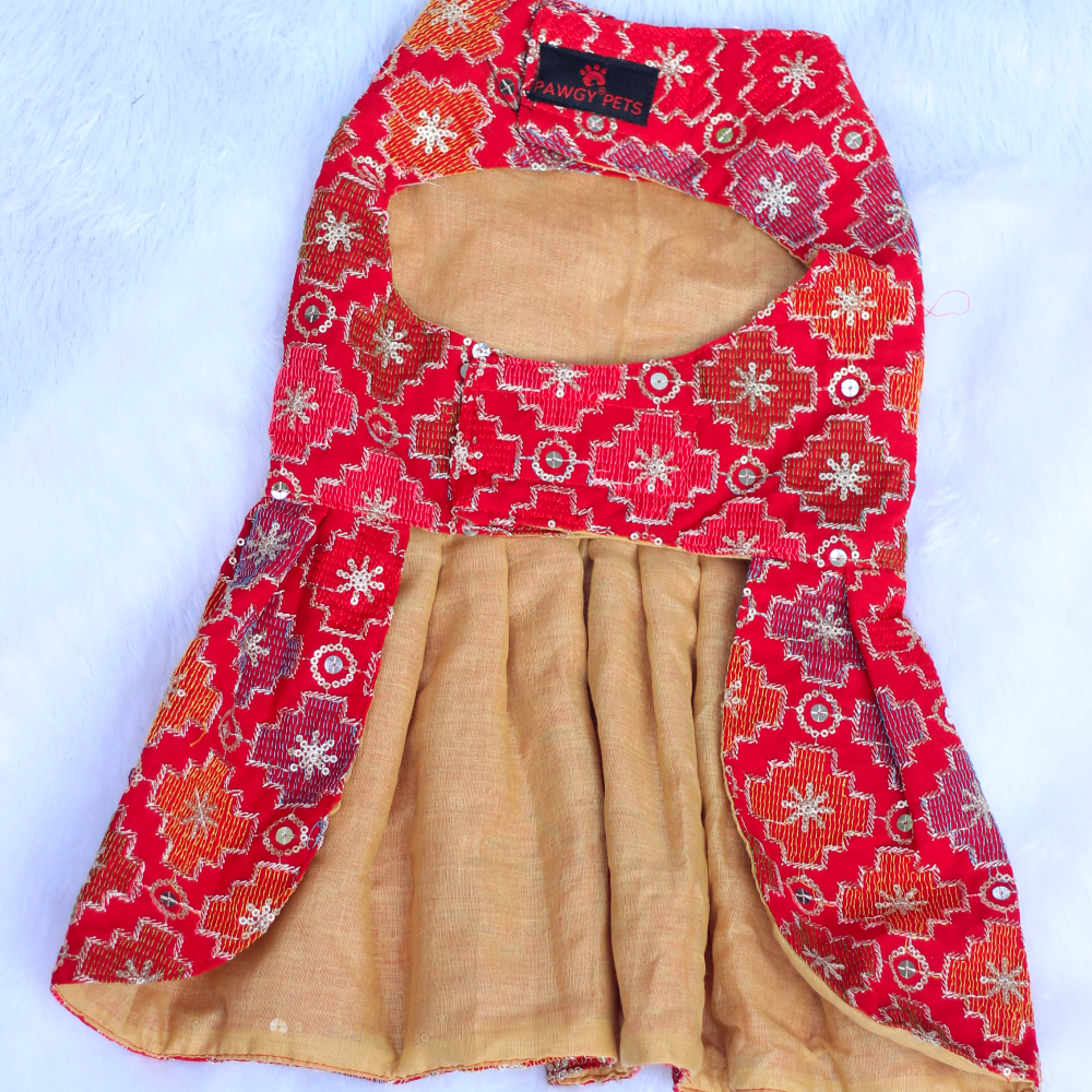 Pawgypets Festive Patola Dress for Dogs (Red) Dogs-Clothing & Accessories Pawgypets Dropship