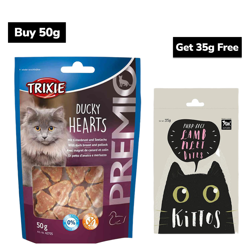Trixie Premio Ducky Hearts & Kittos Purr fect Lamb Filet Bites Cat Treats Cats-Treats & Others Exclusive Combo 50g+35g Free