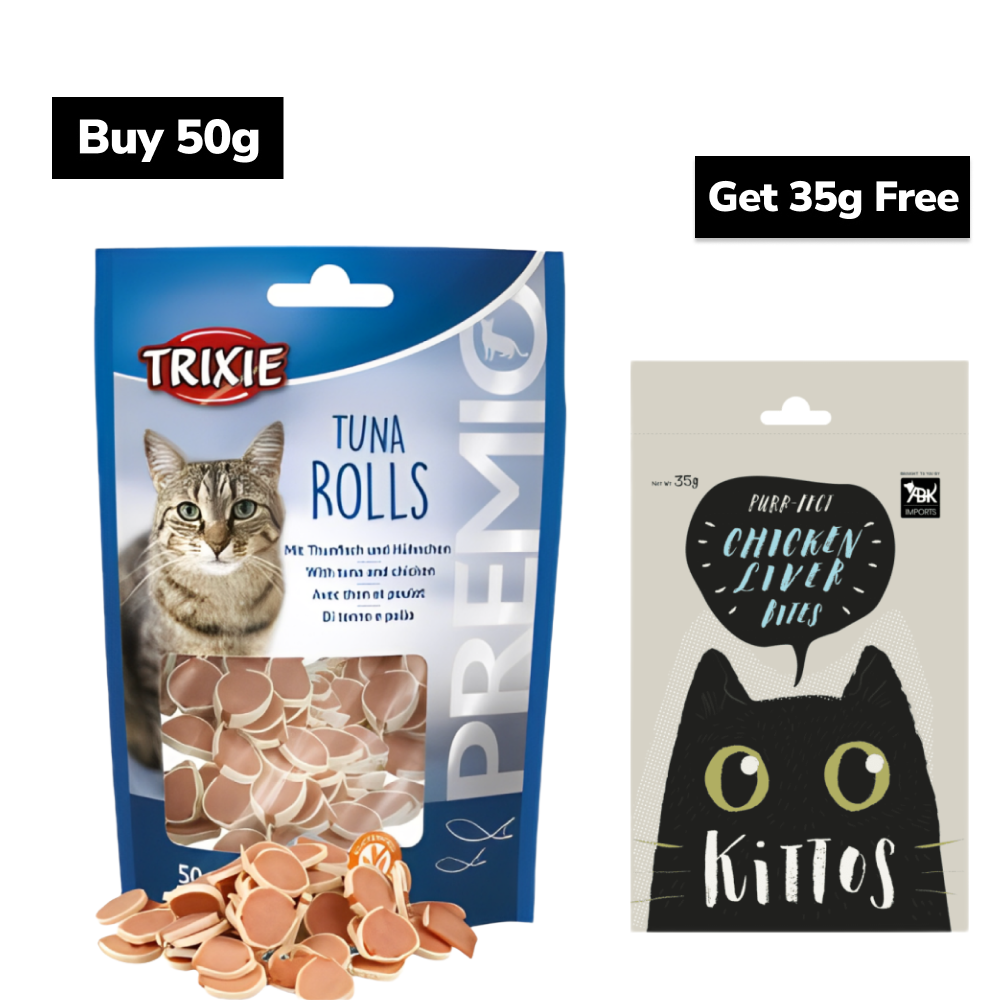 Trixie Premio Tuna Rolls & Kittos Purr Fect Chicken Liver Bites Cat Treats Cats-Treats & Others Exclusive Combo 50g+35g Free